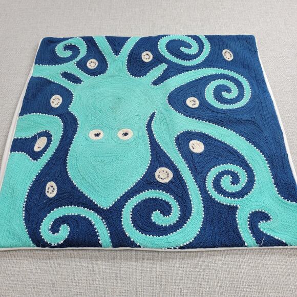 Pottery Barn Kids Pillowcase 16x16 Blue Beaded Octopus Embroidered Cotton Square - Picture 5 of 15